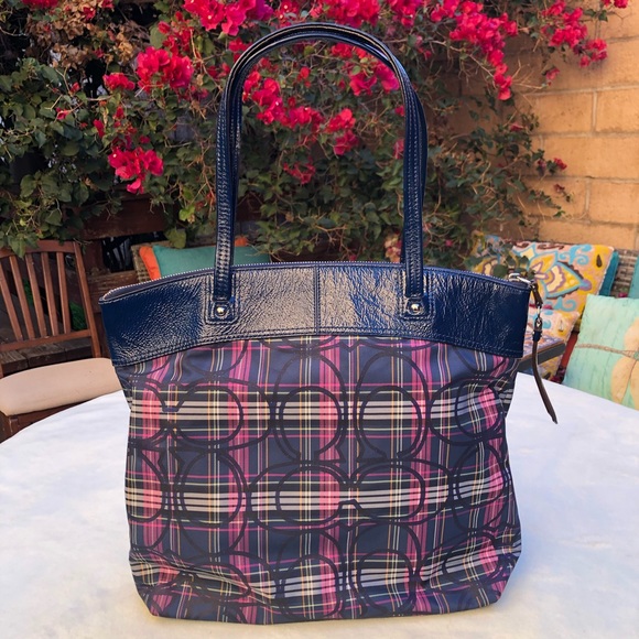 Coach Laura Signature Blue Plaid Multicolor Tartan Canvas Leather Tote Bag - Picture 6 of 12